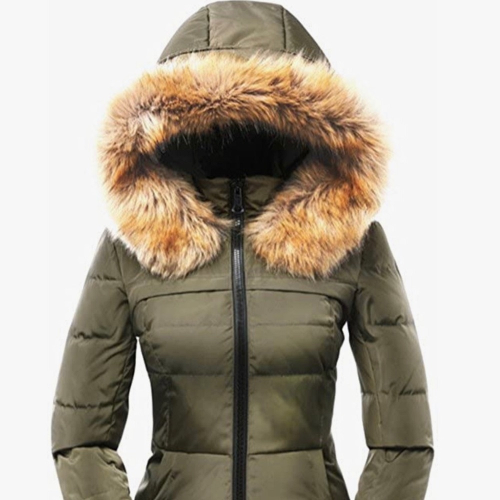 Valuker Olive Green Women's Down Coat With Fur Hood 90% Down Waterproof Parka.